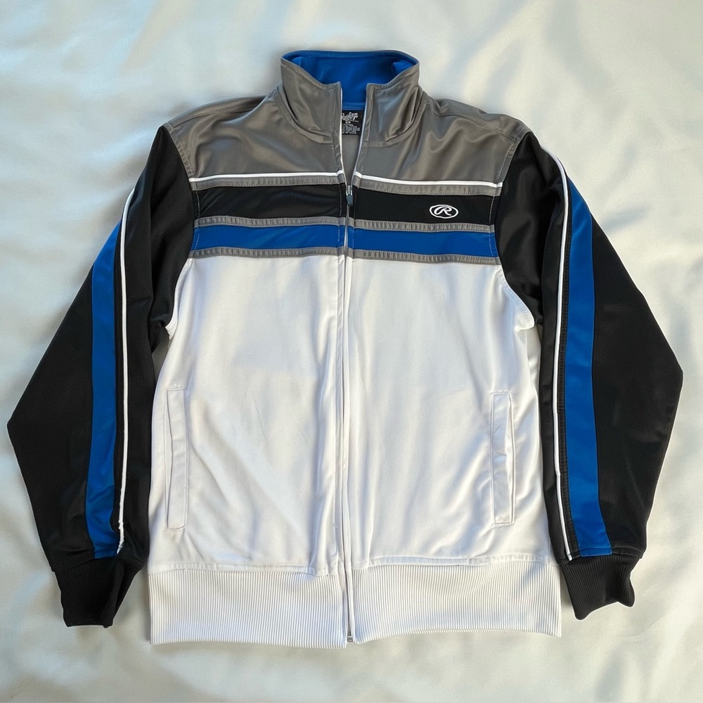Rawlings Track Jacket Mens Small White Black Blue Full Zip Retro Athletic Style